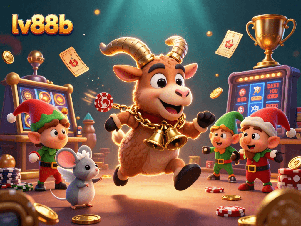 Experience thrilling games and excitement at lv88b's festive casino scene with lively characters and dynamic elements.