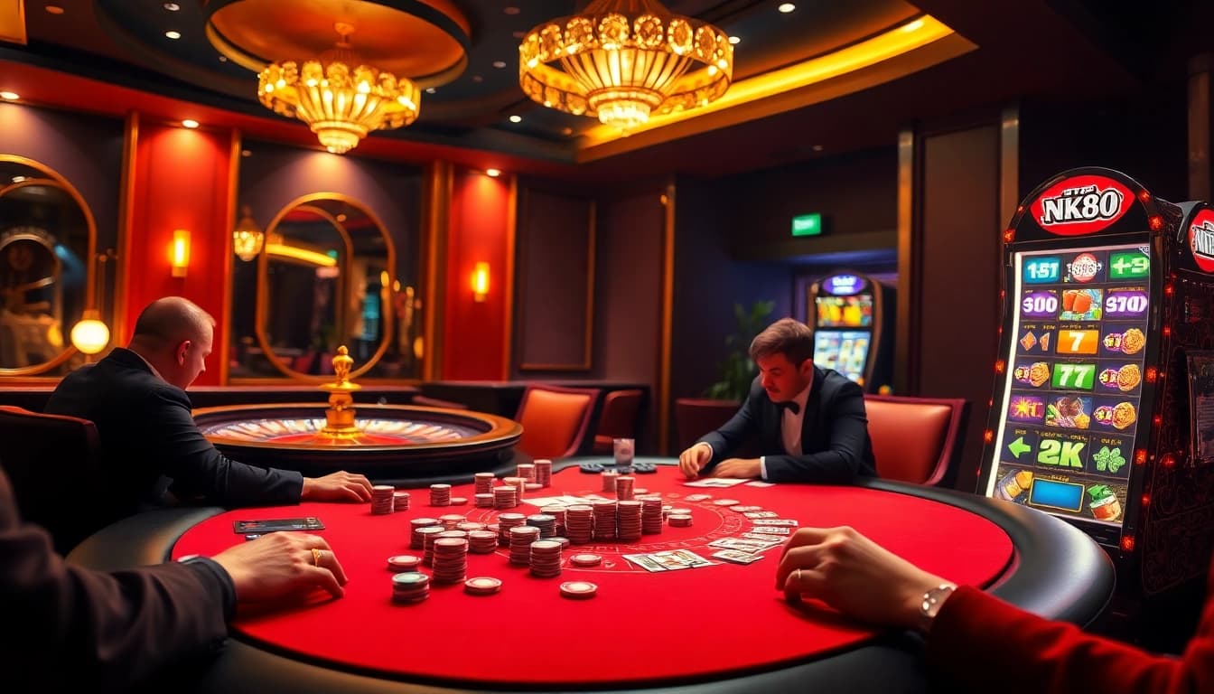High-energy casino scene with players enjoying poker at https://nk88s.net/, surrounded by vibrant gaming elements.