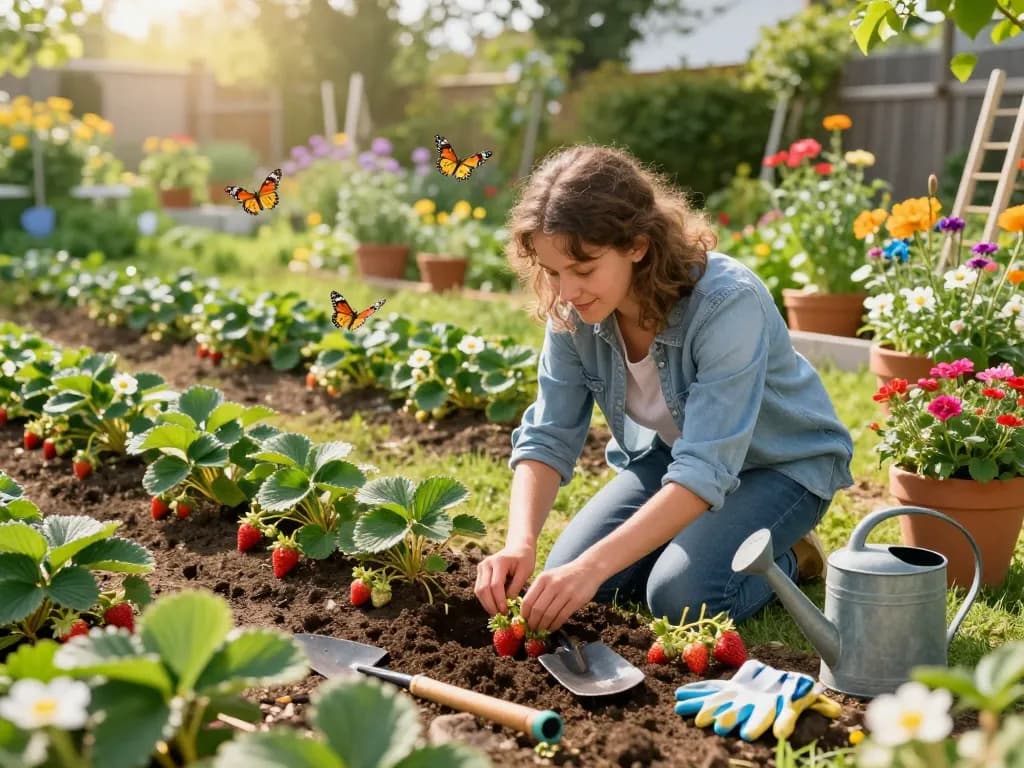 A gardener joyfully planting aardbeienplanten kopen in a sunny home garden filled with vibrant blooms and tools.