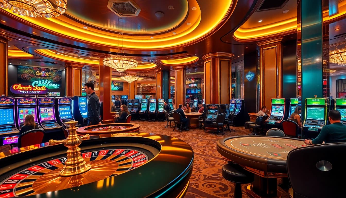 An exciting scene at a luxurious casino showcasing gambling delights with a focus on strategies from https://nk88.bio/.