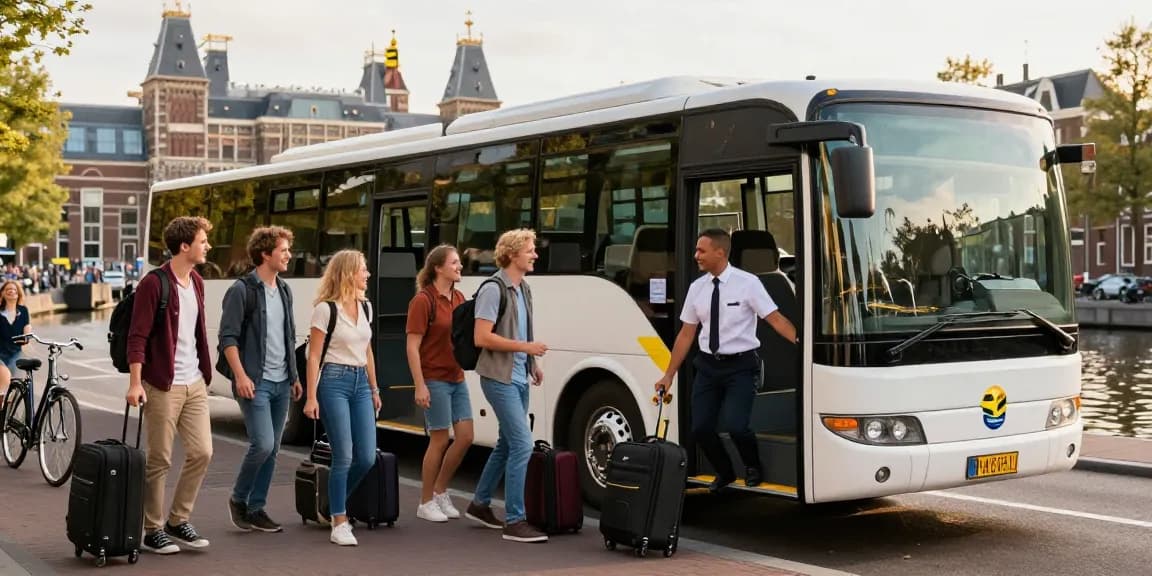 Group of travelers boarding a taxi bus in Amsterdam, showcasing a vibrant city atmosphere.