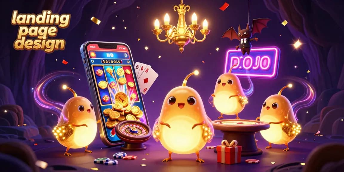 Engaging landing page design showcasing vibrant casino elements with glowworm characters illuminating the scene.