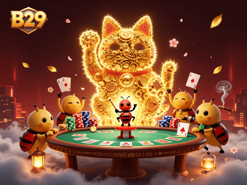 B29 brings lucky gameplay to life with a dynamic lucky cat and poker scene full of excitement.