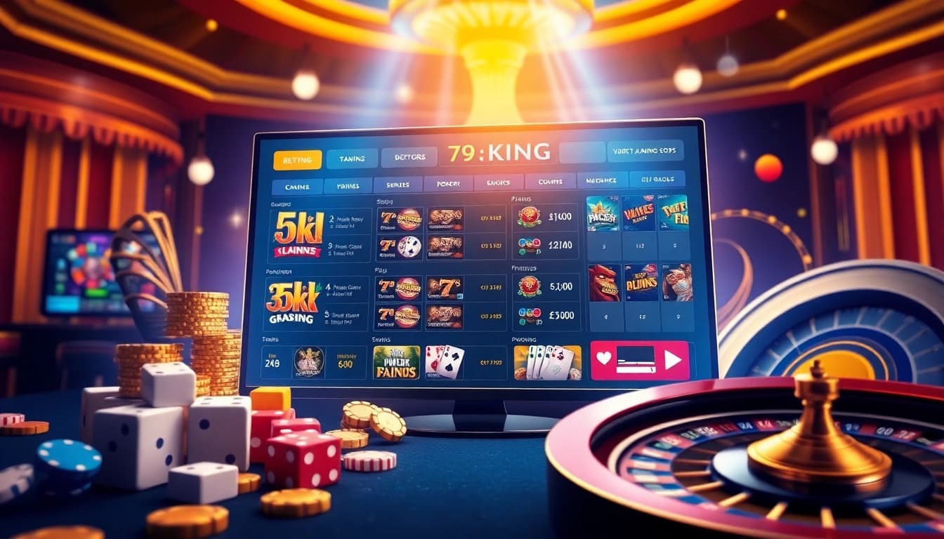 A high-tech online gambling interface showcasing 79KING, with vibrant gaming options and casino elements.