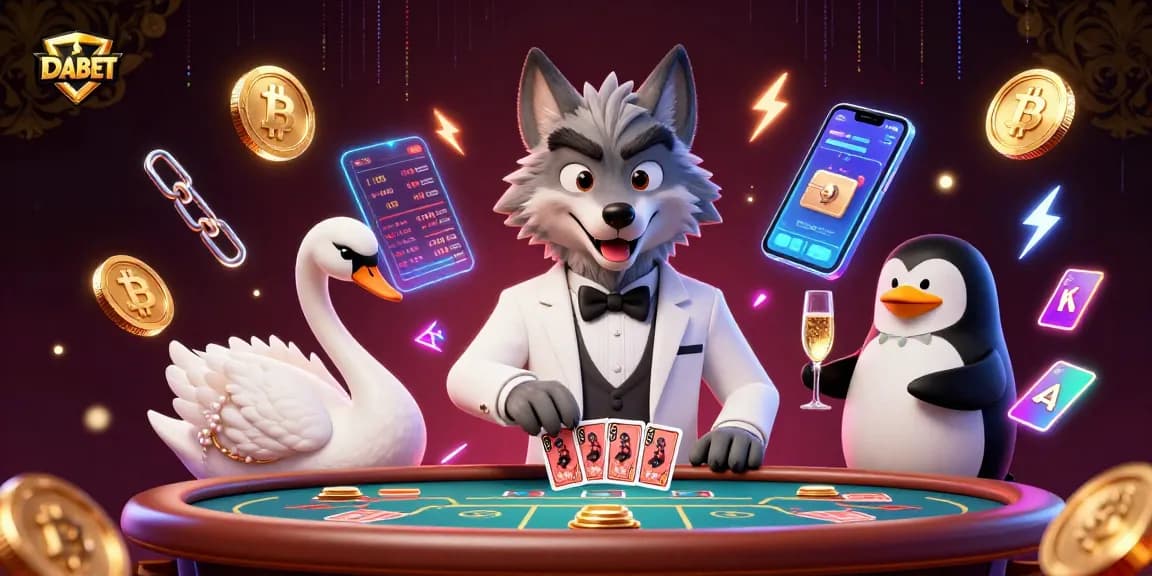 DABET offers an exciting casino experience with a cartoon wolf at a baccarat table interacting with a swan dealer and a penguin sommelier.