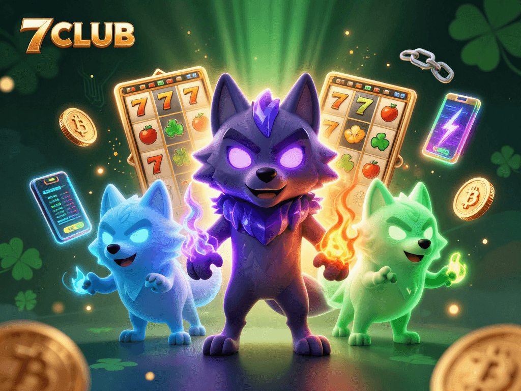 Experience thrilling gaming at 7CLUB with ghostly wolves, Bitcoin, and vibrant casino elements.