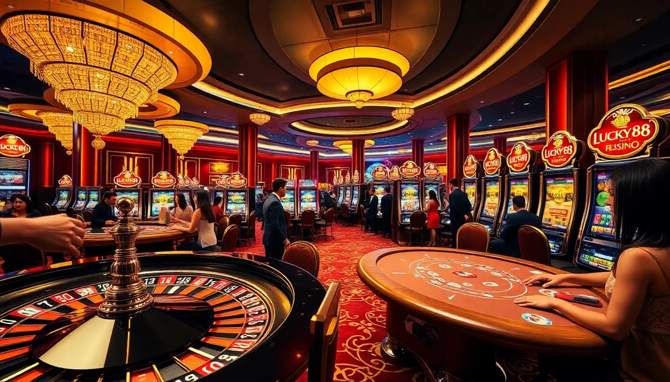 Exciting gaming action at Lucky88 casino featuring roulette and poker tables.