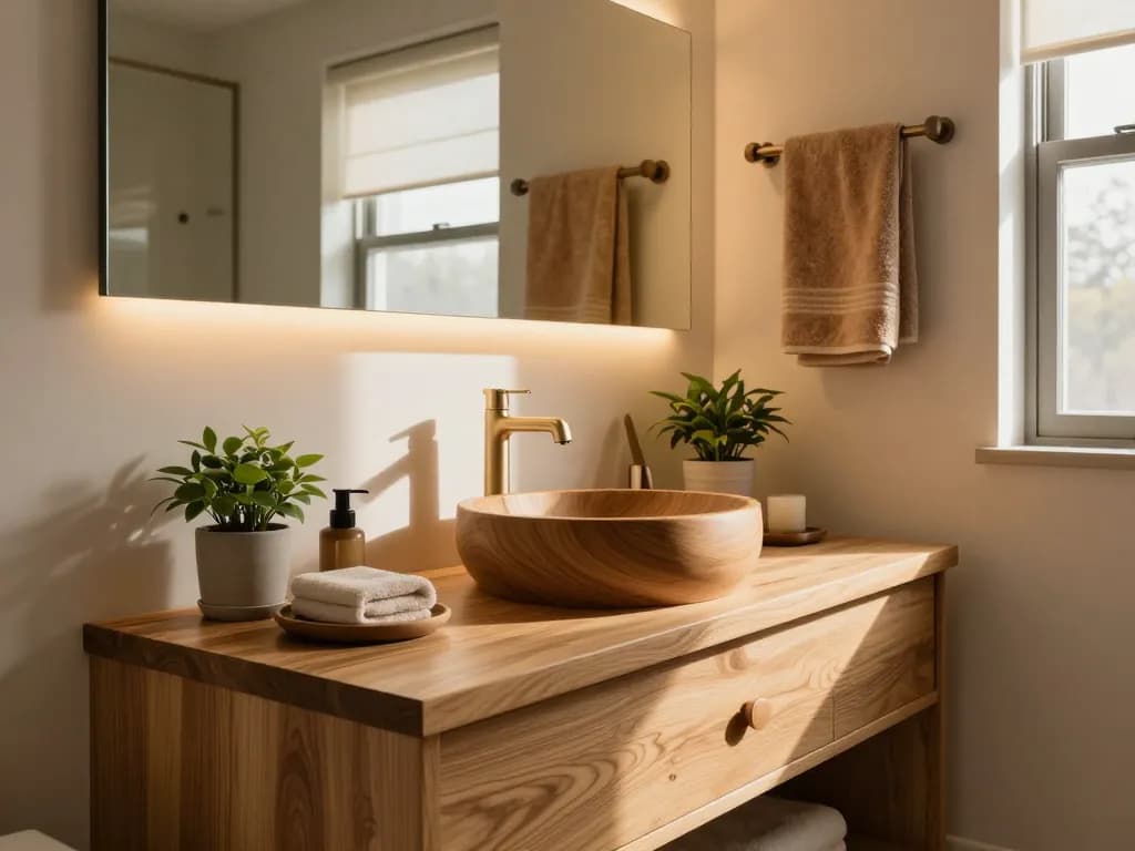 Ontdek de schoonheid van houten badkamermeubilair op https://www.vanheckbadkamers.nl/badkamermeubels/houten-badkamermeubels/, met een stijlvolle wastafel van massief eikenhout en elegante accessoires.