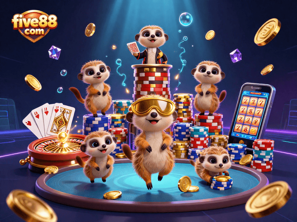 Experience vibrant casino excitement at five88 com with animated meerkats in a dynamic gaming scene.