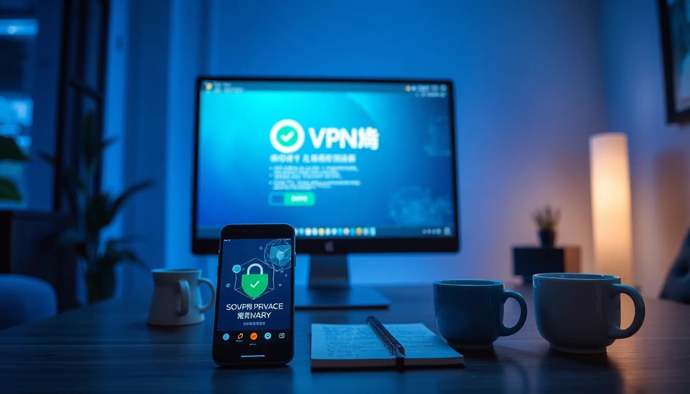 在现代工作站上显示的快连下载界面，代表 VPN 安全性与易用性。
