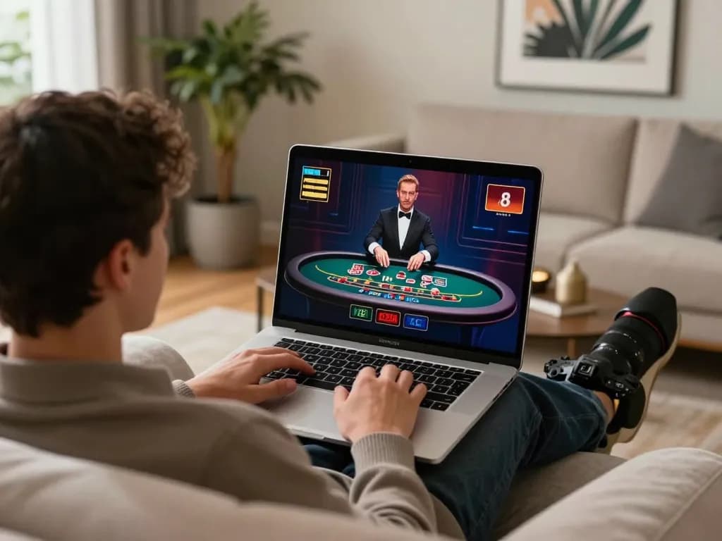 TIP88 gaming at home with laptop showing live blackjack, emphasizing strategic gameplay.