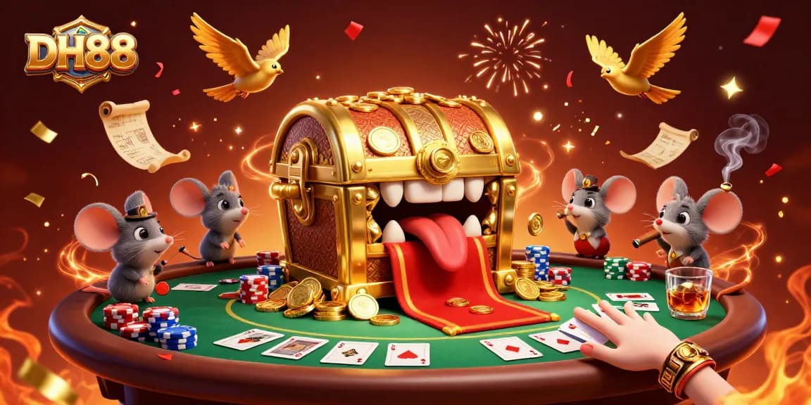 Engage with thrilling casino action at DH88 featuring a treasure chest, poker elements, and vibrant confetti.
