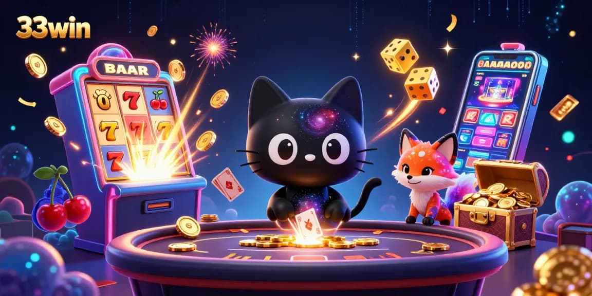 Experience the thrill of 33win with an exciting cosmic casino scene featuring a black hole cat and a nebula fox!
