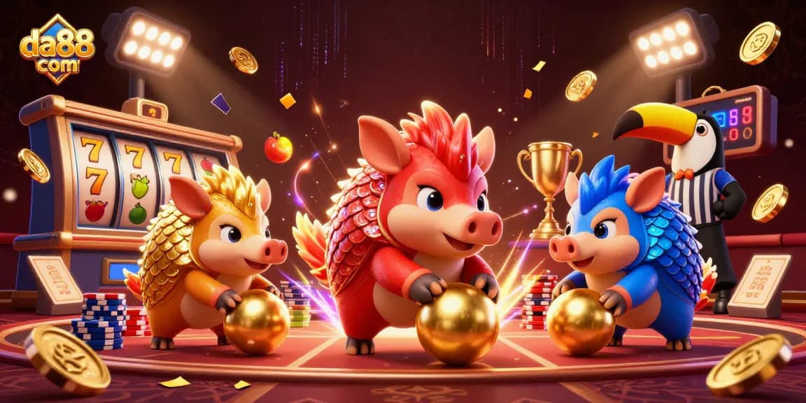 Experience the thrilling da88 com casino scene with rival pangolins battling amid slot reels and golden chips.