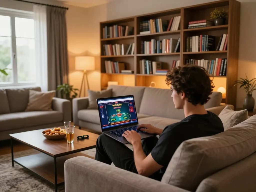 Engaged player enjoying online gambling on W88 platform from a cozy home setup.