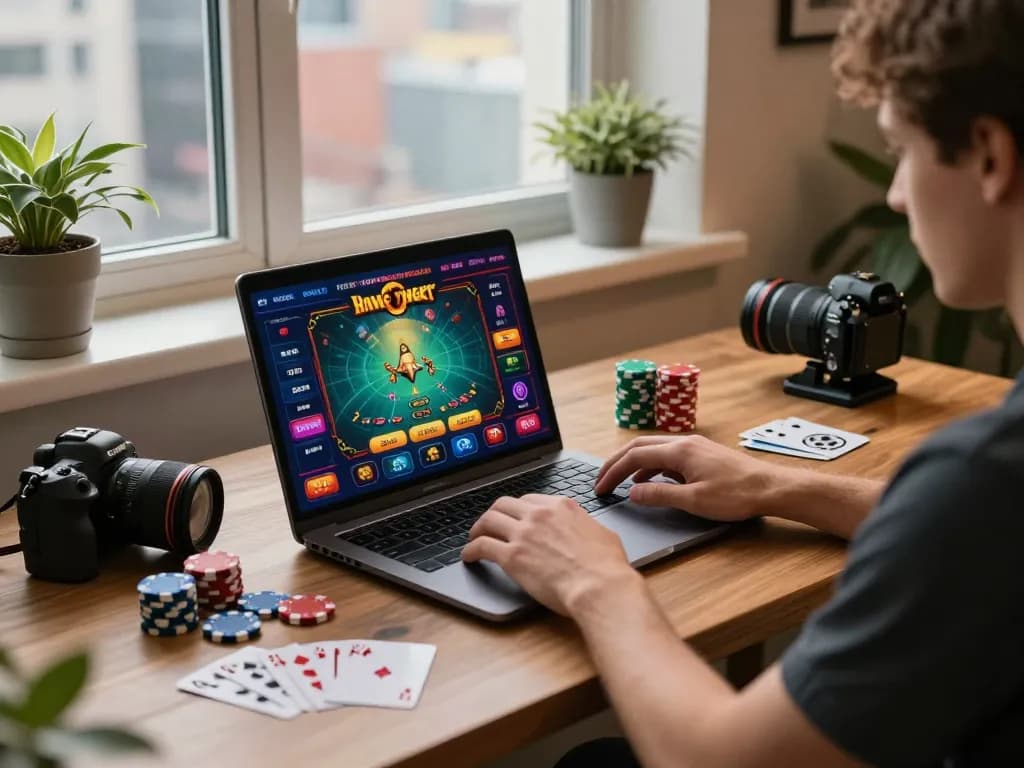 Person enjoying Five88 uy tín gaming experience on laptop in stylish home office