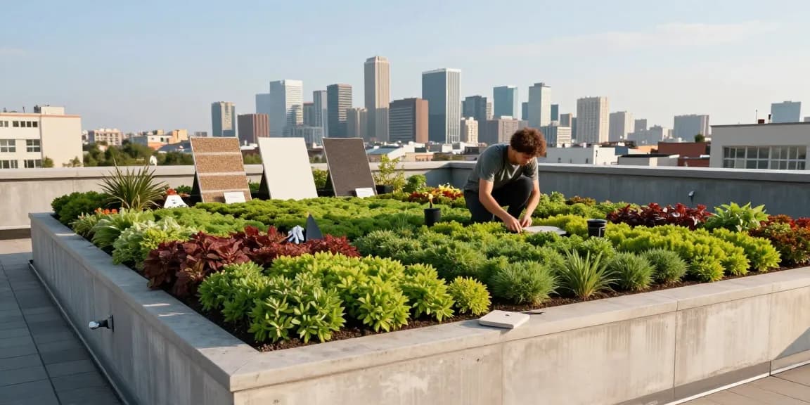 Laaggedekte sedum dak opbouw met levendige sedum planten en bouwmaterialen op een stedelijk dak