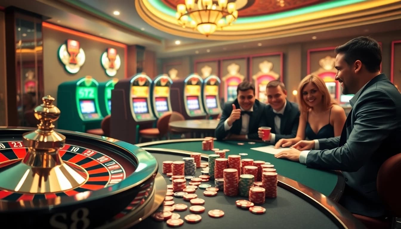 Players enjoying a thrilling gambling experience at S8 casino, with roulette and poker at focus.