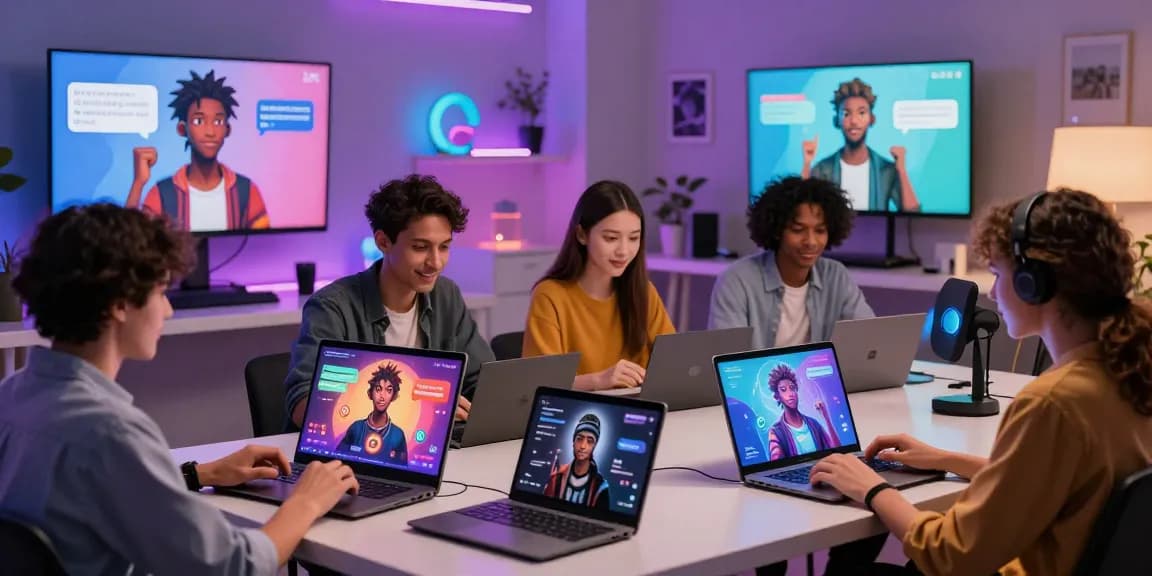 Engaging users interacting with nsfw character ai on modern devices in a vibrant workspace