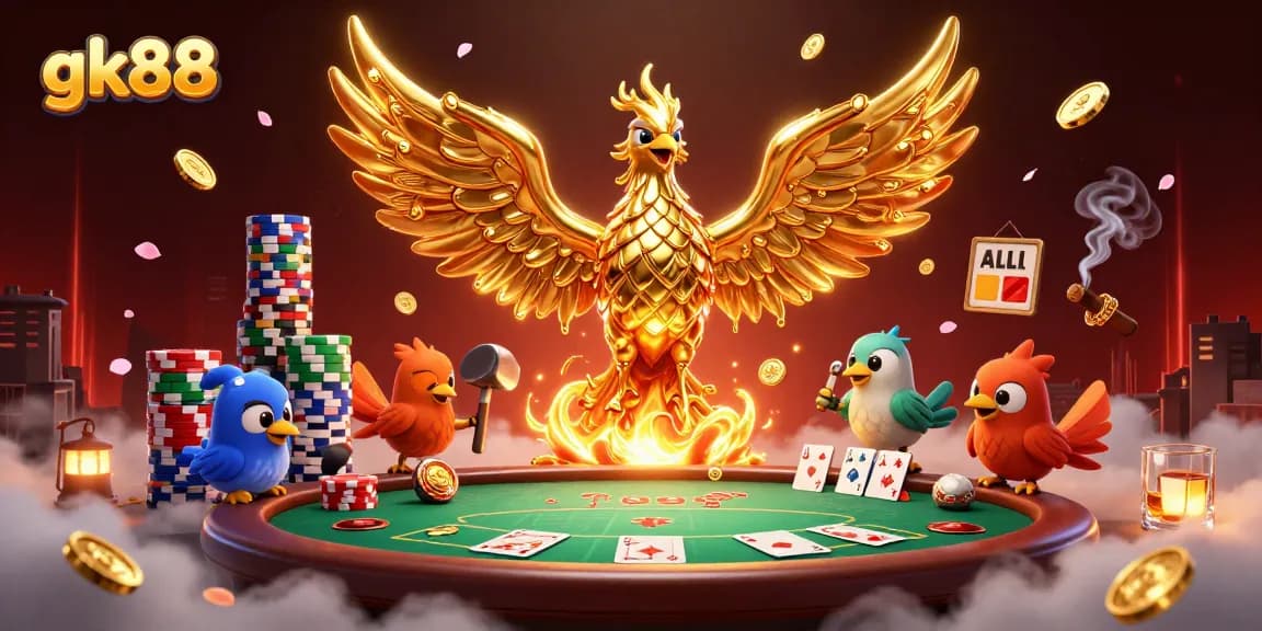 Experience thrilling poker excitement with gk88, featuring a golden phoenix and dramatic game elements.
