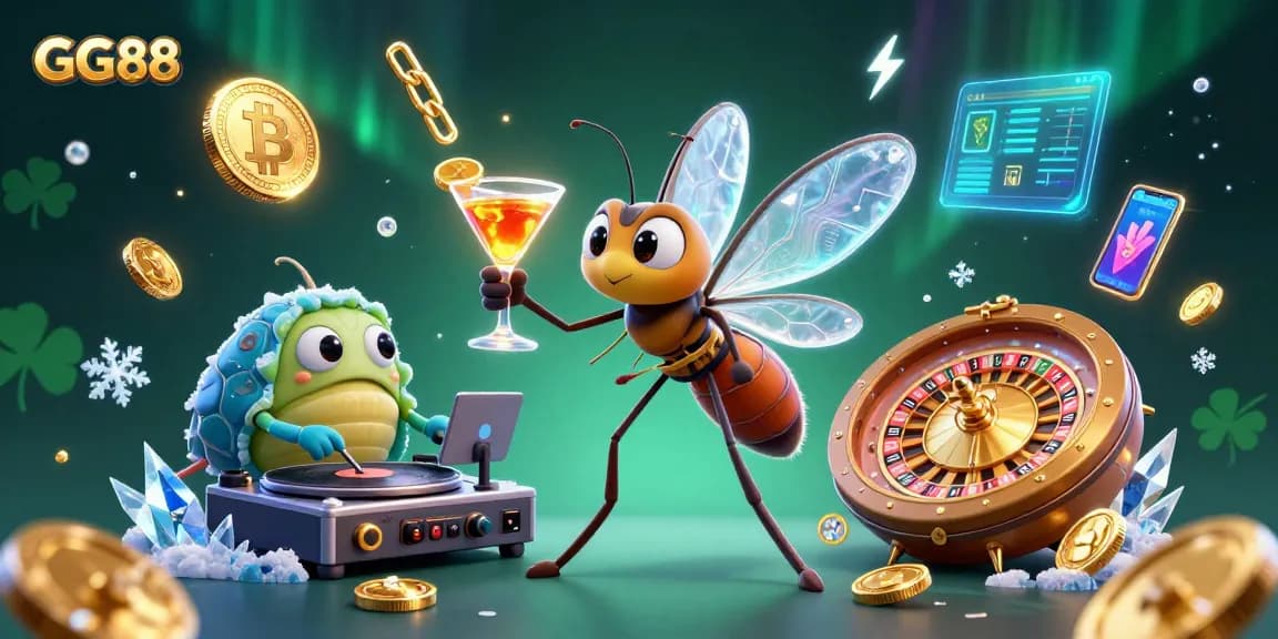 Experience the excitement of GG88 with a lively casino scene featuring vibrant characters and crypto elements.