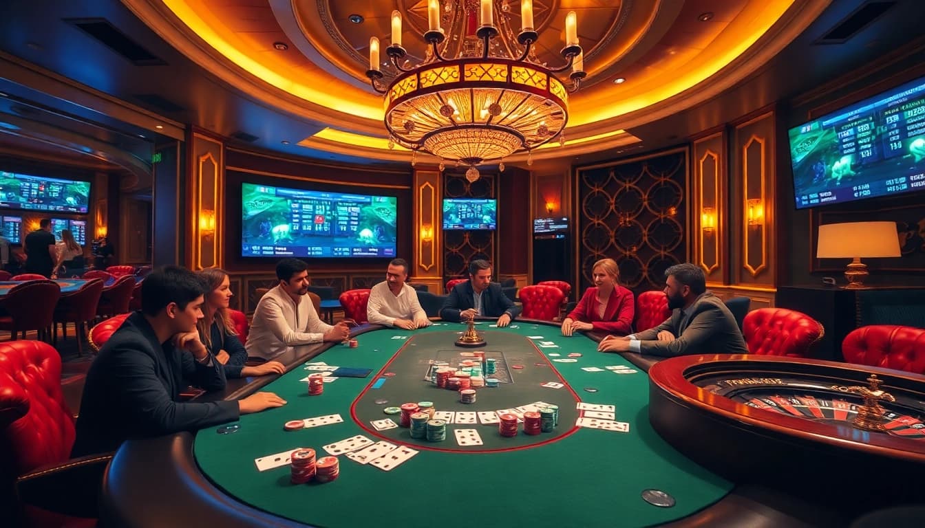 Engage with the exciting world of gambling at a luxurious casino showcasing live 7mcn sports scores and poker action.