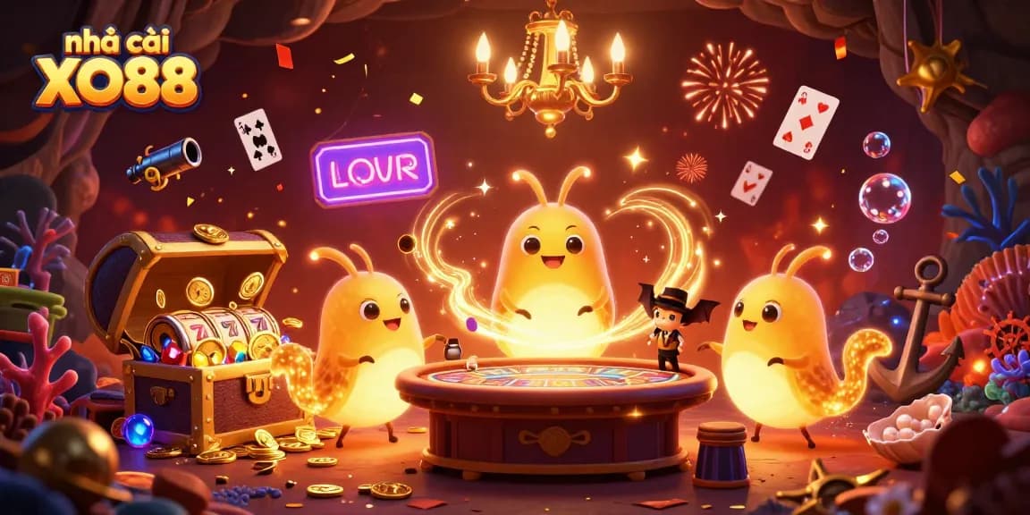 Experience the vibrant atmosphere of nhà cái XO88 casino with glowing characters in a 3D illustration.