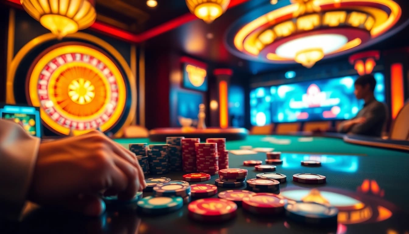 A thrilling game bài scene with poker chips and cards on a luxurious casino table.