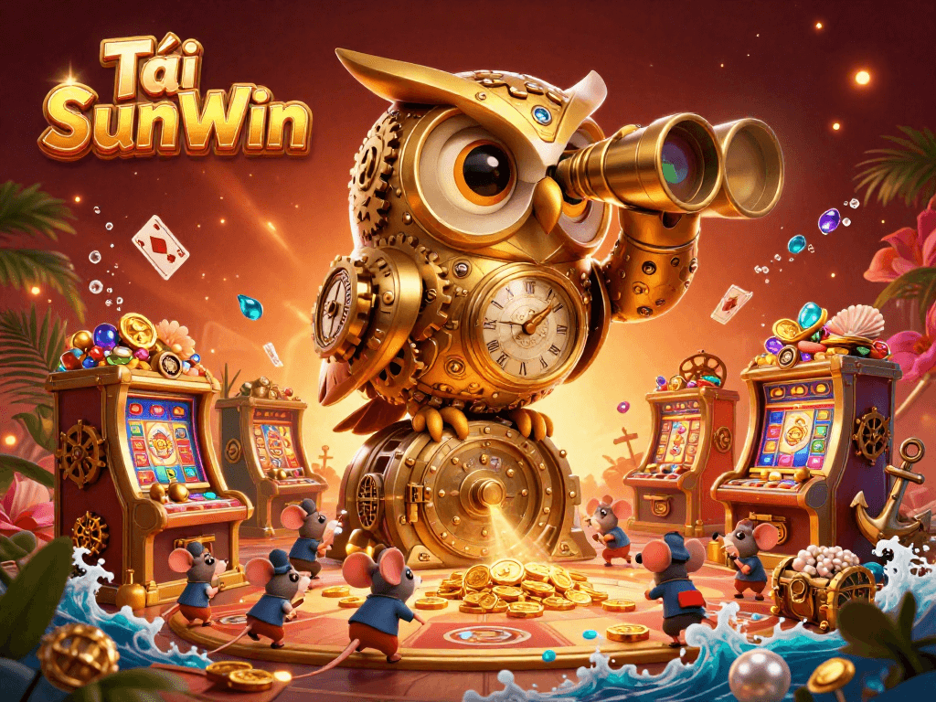 Tải SunWin brings excitement with an illustration of a golden owl scanning an animated casino filled with treasures.