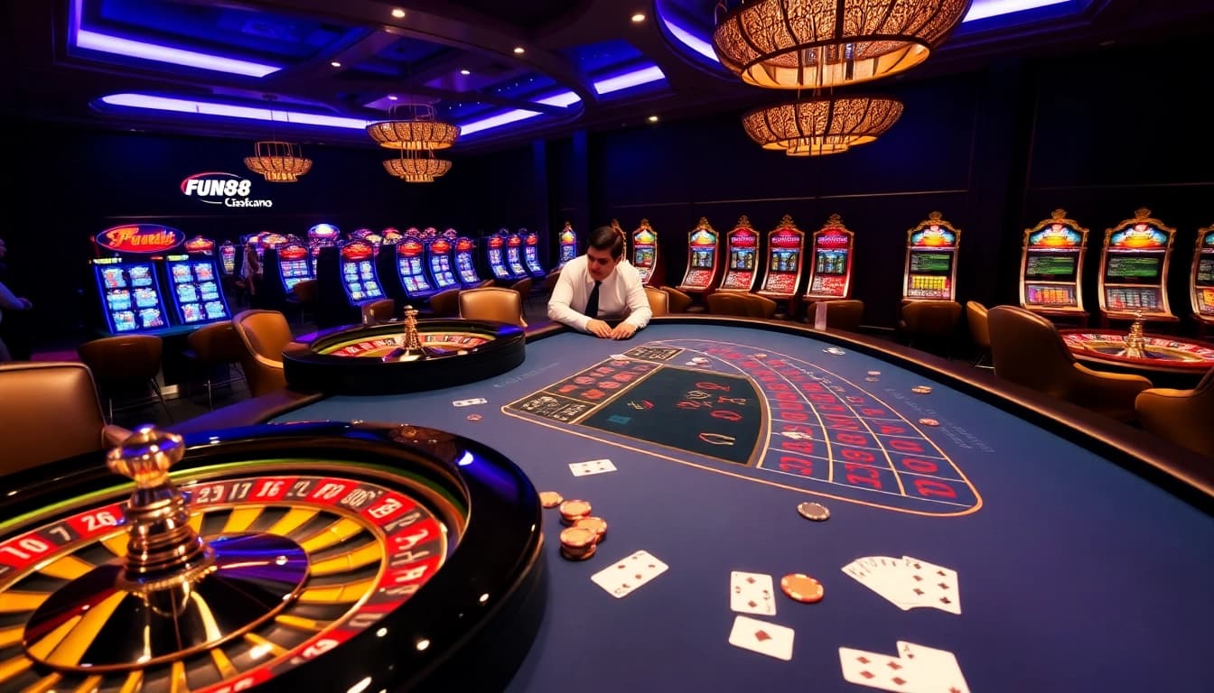 Players enjoy blackjack at a luxurious Fun88 casino table, showcasing excitement and professionalism.