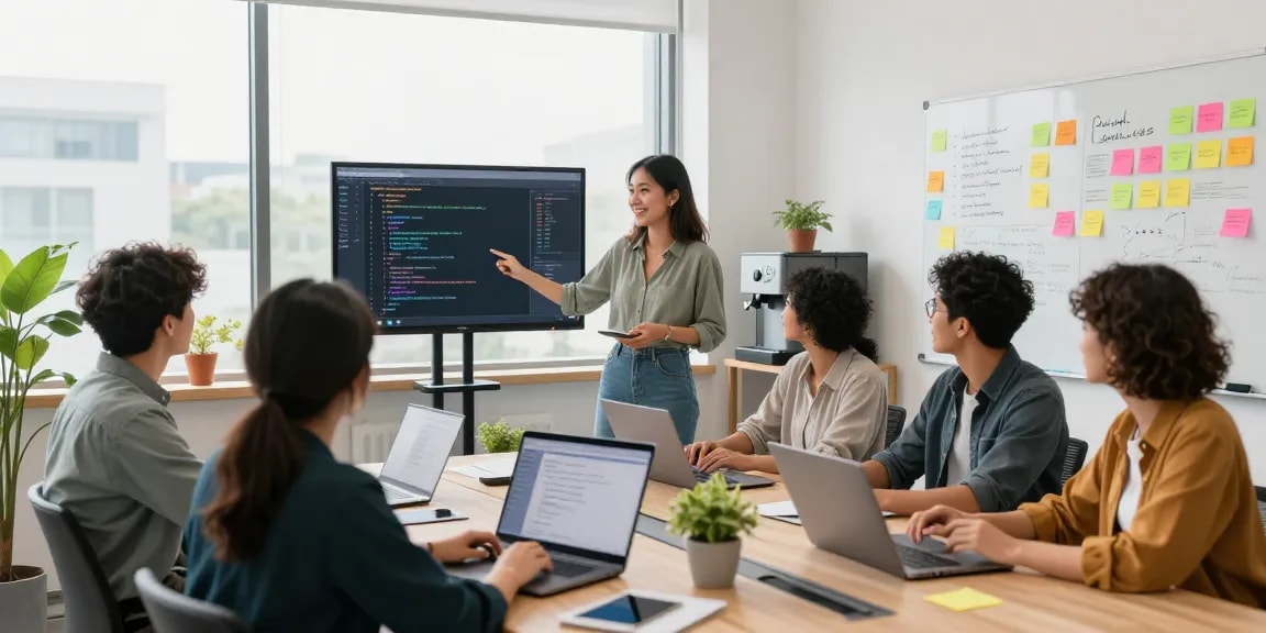 Team collaboration to build internal tools with AI in a modern office setting