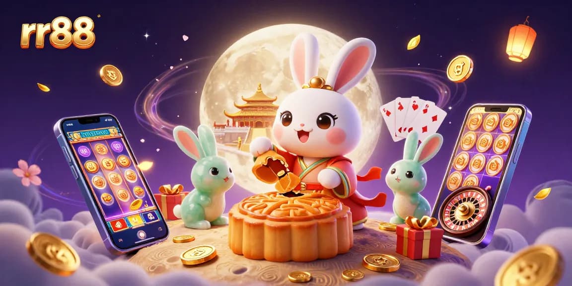 Experience rr88 with thrilling moon rabbits celebrating wins, scattered poker chips, and vibrant gaming elements.