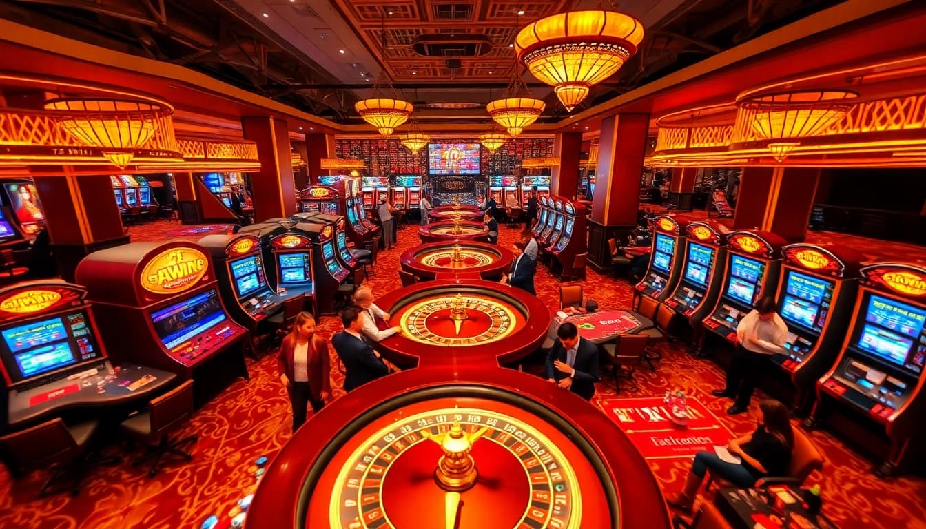 The thrilling atmosphere at a 78WIN casino featuring roulette tables, slot machines, and poker chips for an engaging gambling experience.