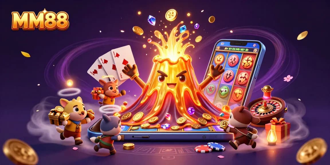 Experience thrilling slot action with MM88's golden volcano and overflowing treasure in a vibrant casino scene.