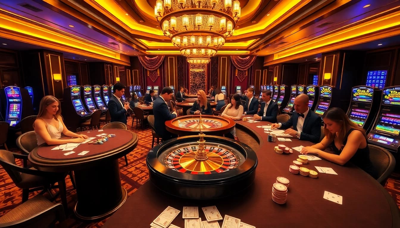Engage with the mm88 report at a luxurious casino featuring poker tables and slot machines.