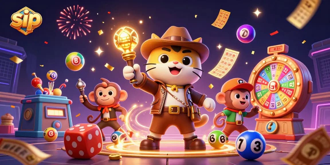Engage with sip-themed lottery action featuring vibrant balls and a golden bingo card in an adventurous setting.