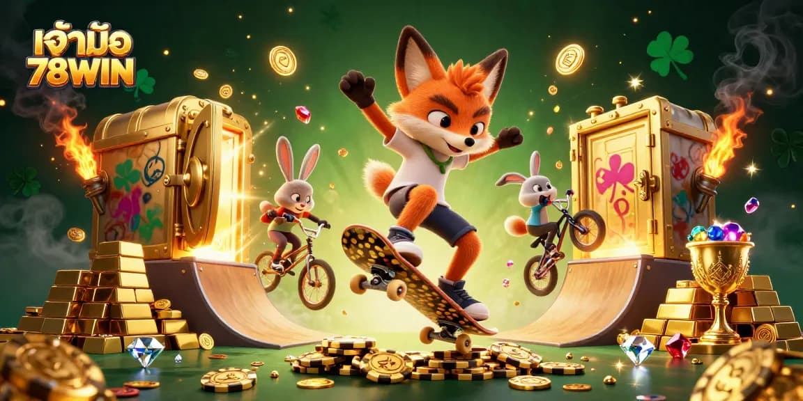 Action-packed illustration of เจ้ามือ 78WIN featuring a skateboarder fox and BMX rabbit amid casino-themed elements.