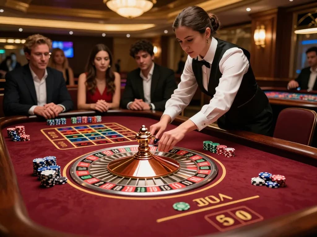 Players placing bets on 9BET roulette table amid vibrant casino atmosphere.