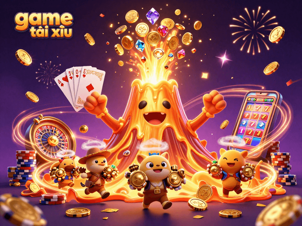 Experience game tài xỉu action with treasure-filled volcano, vibrant confetti, and roulette excitement.