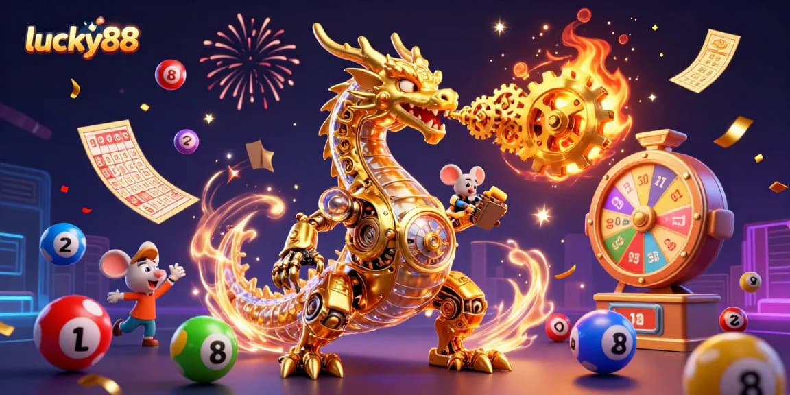 Spin and win with lucky88, showcasing a vibrant 3D illustration of a golden dragon amidst lottery elements.