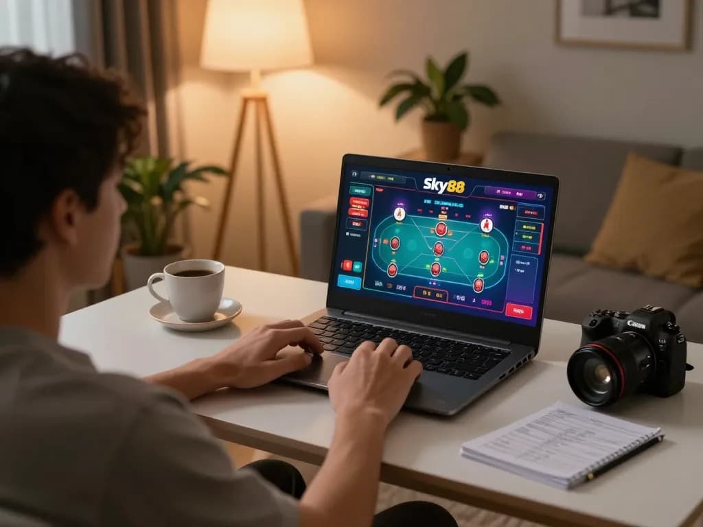 Engaging gameplay at home with Sky88 uy tín on screen, capturing a vibrant online casino atmosphere.