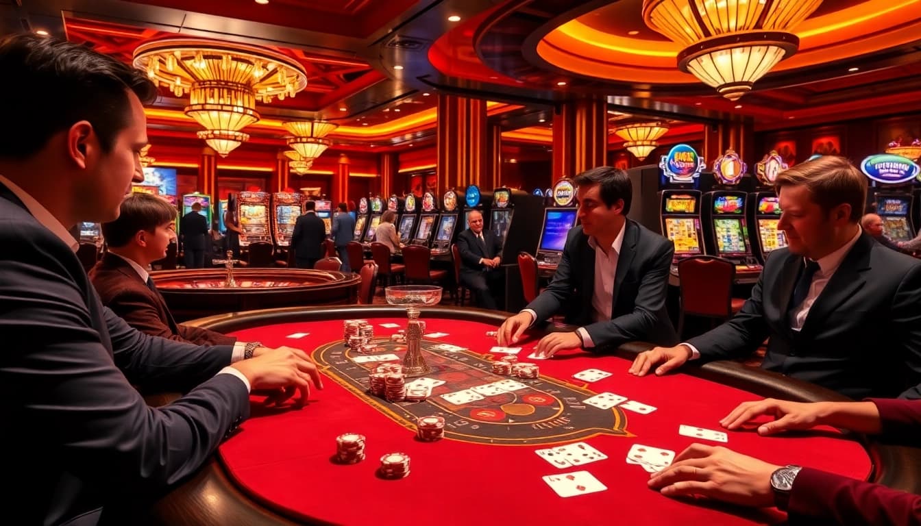 33WIN's engaging casino scene with players enjoying poker and colorful gaming machines.