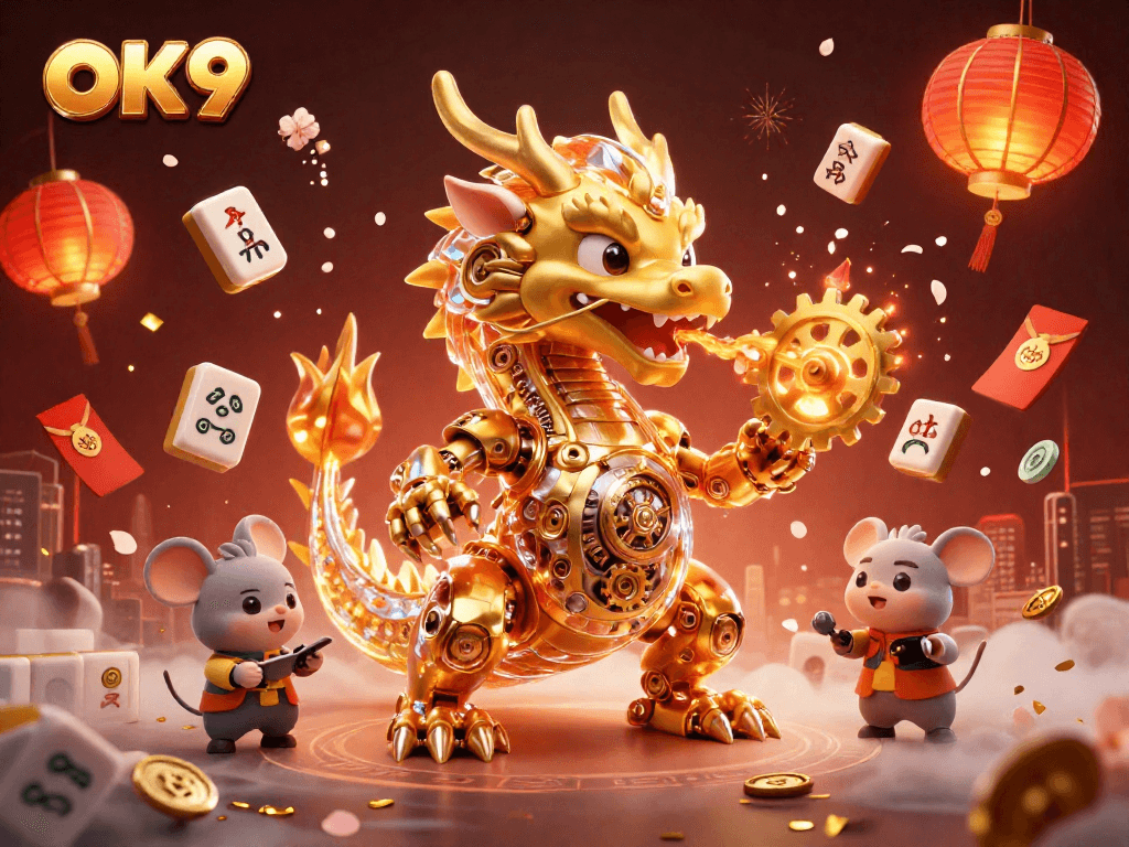 Engage with winning strategies at OK9, illustrated by a dynamic golden dragon scene.
