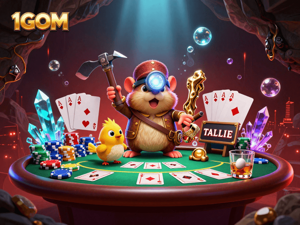 Engage in thrilling poker games at 1GOM with 3D cartoon elements, showcasing exciting casino action.
