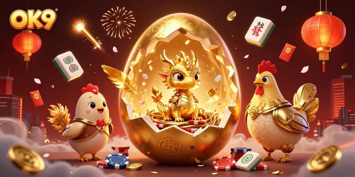 Engage with OK9 as a golden egg reveals a baby dragon among poker chips in this vibrant illustration.