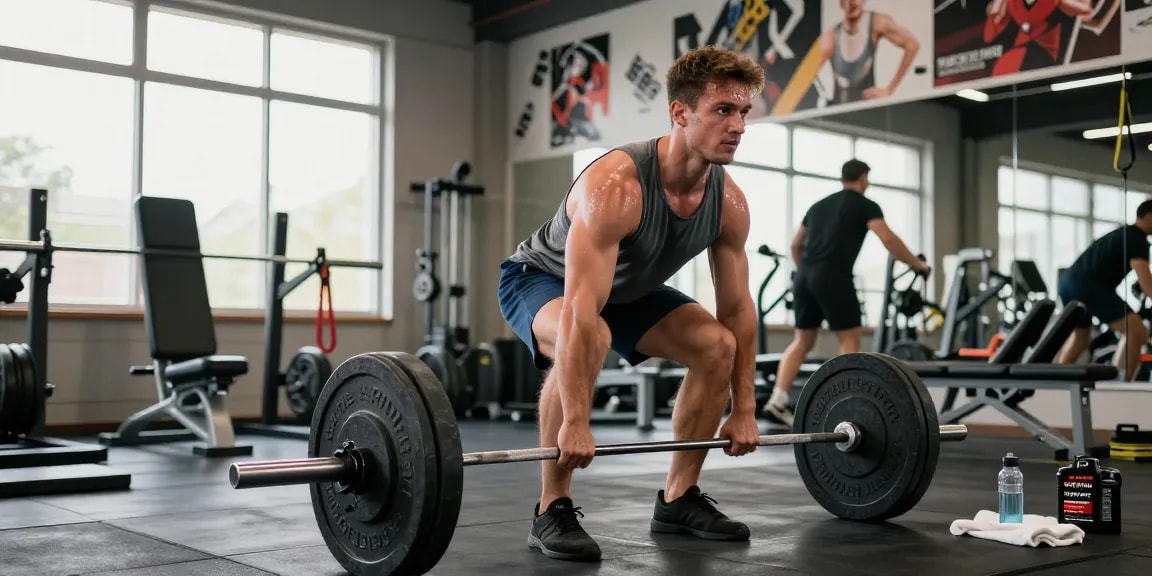 Athletic man performing deadlifts in a modern gym using Prime Pharma Steroiden for enhanced performance.