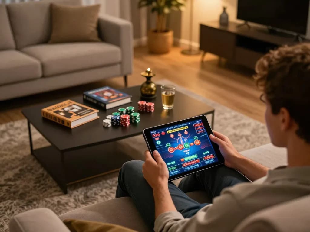 Engaging online gaming session on trang chủ lc88 with a person using a tablet, surrounded by gaming strategy materials.
