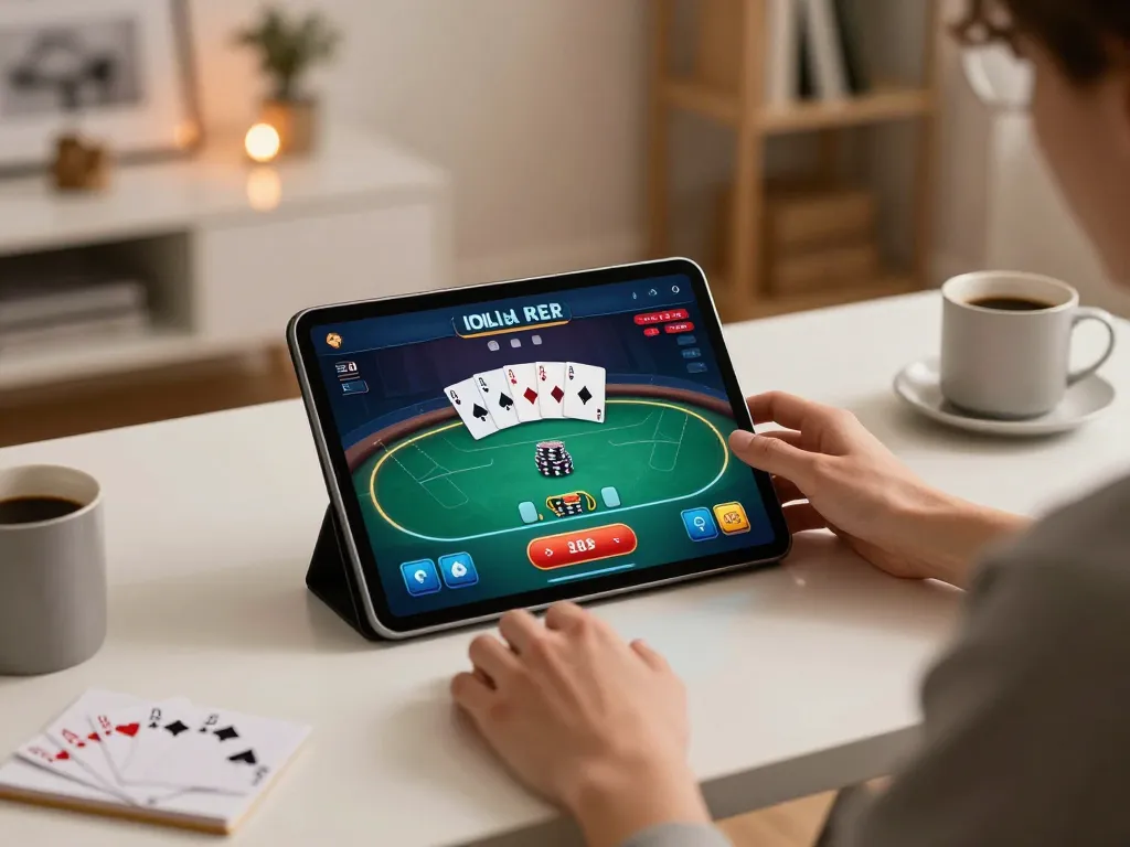 Experience max88s online poker action on a tablet with warm ambiance and game strategy notes