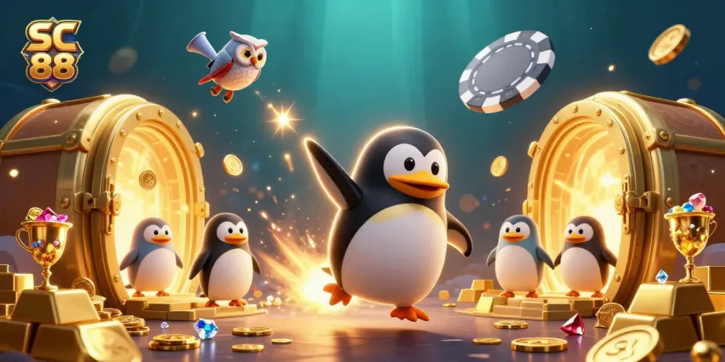 Explore SC 88's thrilling casino adventure with a golden penguin soaring toward riches.