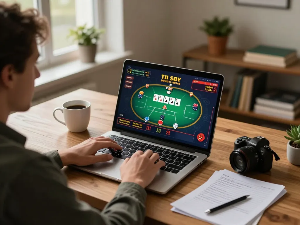 Player enjoying online gaming on a laptop at home, experiencing trang chủ LLwin with strategic focus.